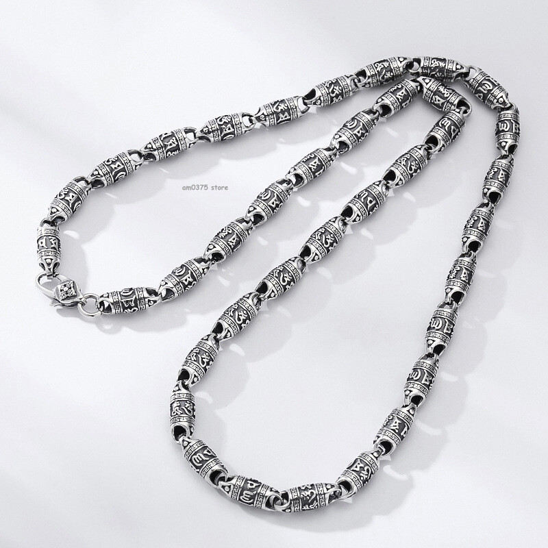 Real S925 Sterling Silver Necklace Men 6mm Six Word Sutra Beaded