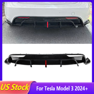 For 2024+ Tesla Model 3 Gloss Black Rear Bumper Diffuser Lip Splitter W/ Light