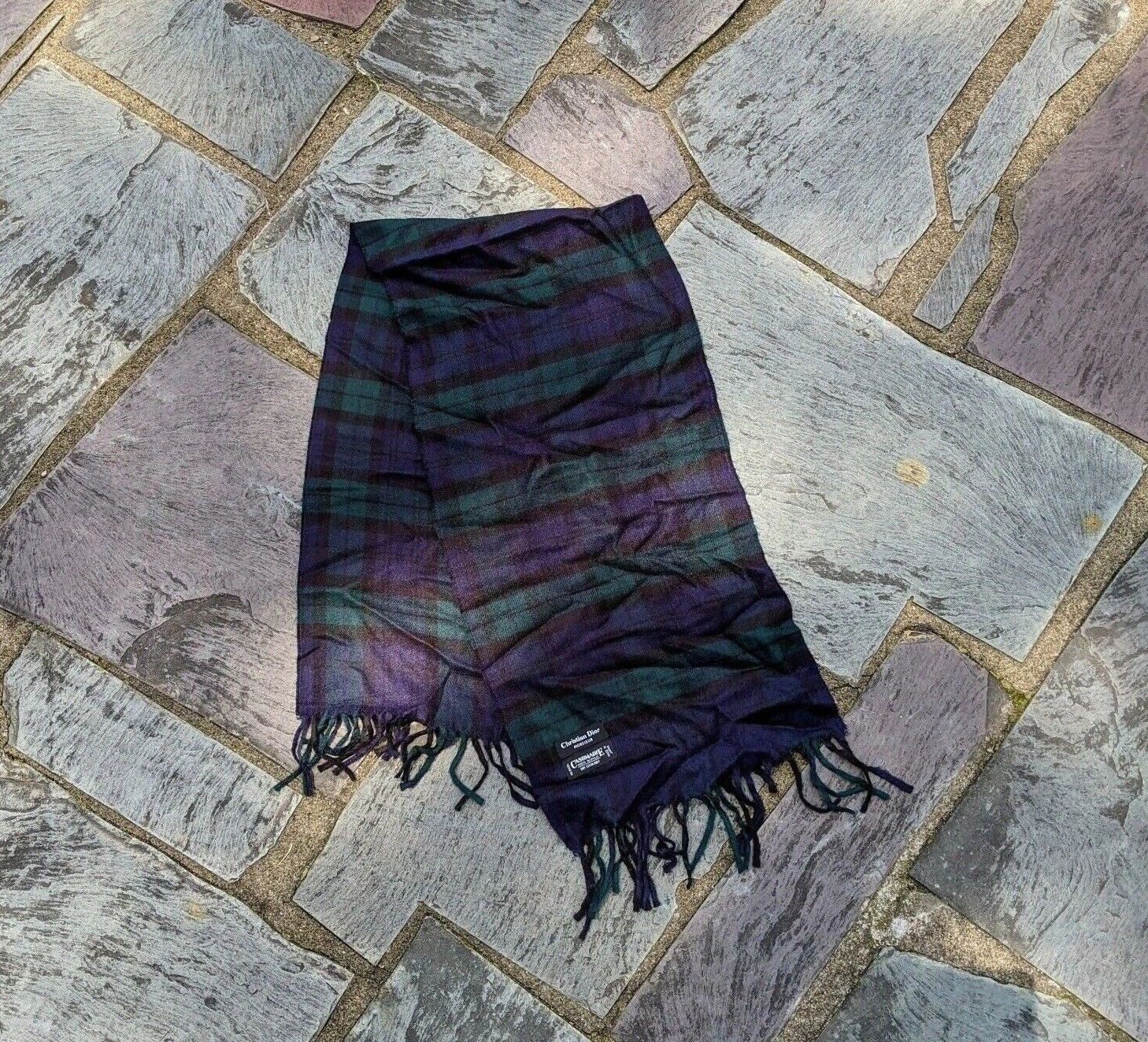 Foulard à carreaux noir vert bleu Christian Dior Monsieur Cashmaire enveloppe frange Japon
