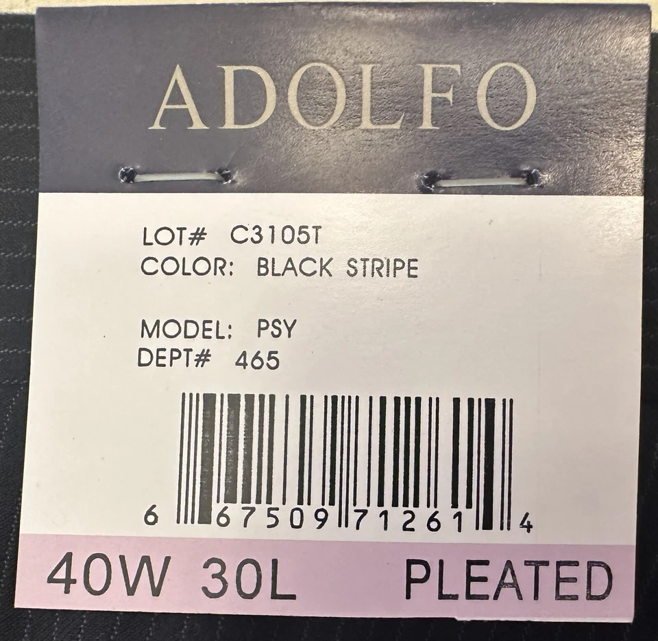 Nuevos Pantalones de Vestir Para Hombre Adolfo Plisados Negros Pin Tira Talla 40X30 Nuevos con Etiquetas Foto 4 de 4