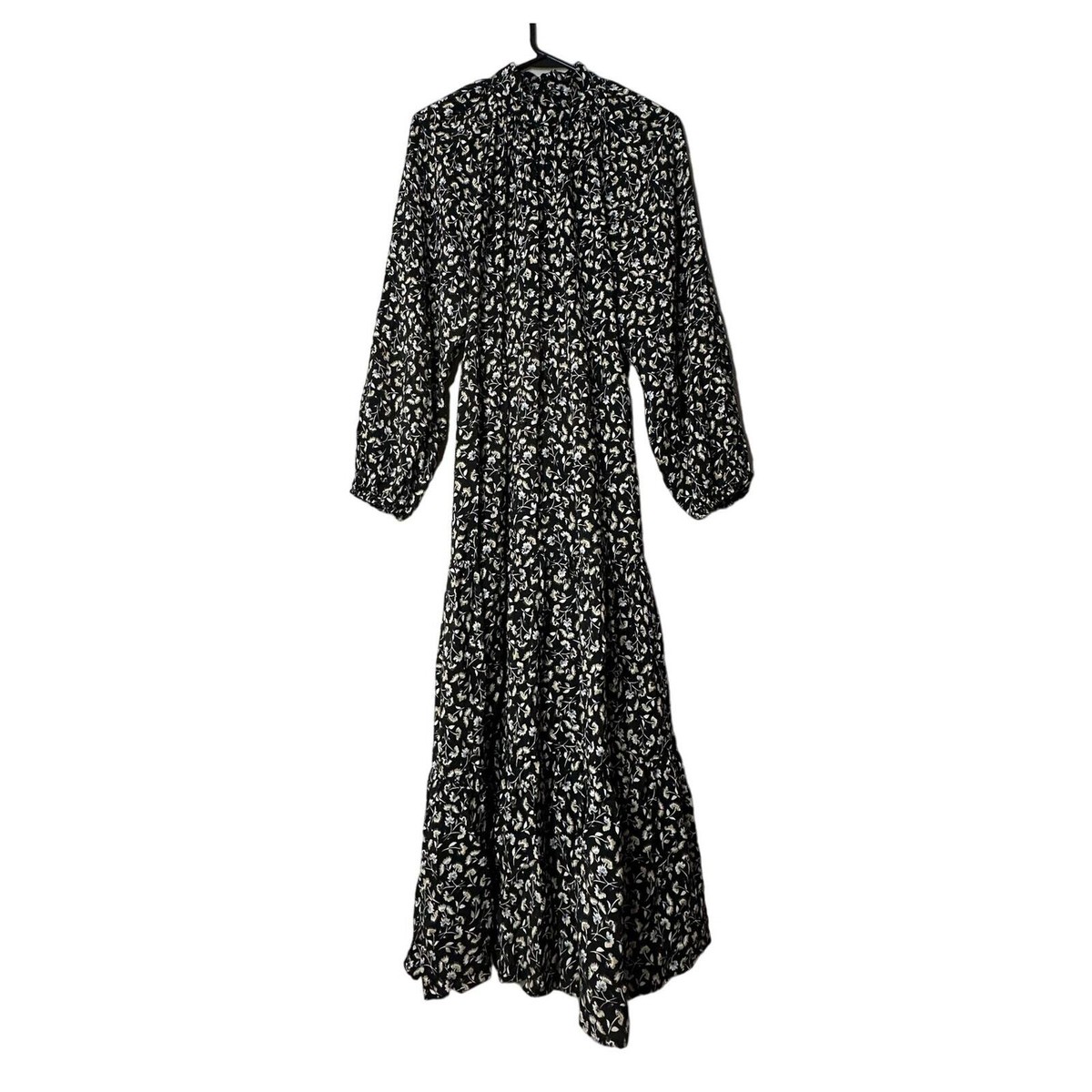 Zara Black Floral Boho Maxi Dress Women XS High Neck Puff Sleeve Cottage