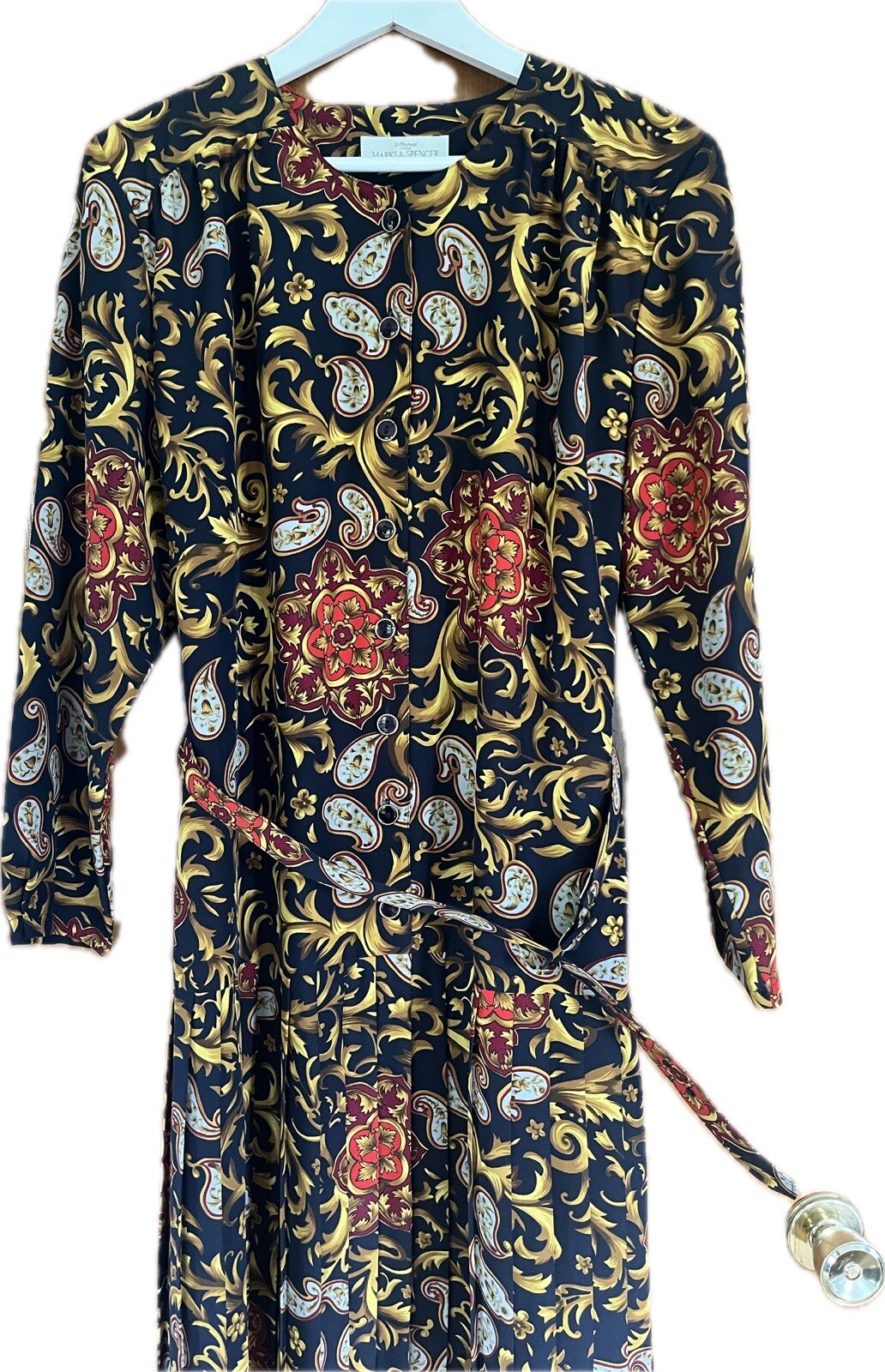 Vintage Marks & Spencer St. Michael Paisley Pleated Midi Dress UK 16 Belted