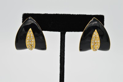 PEP Vintage Clip Earrings Rhinestone Crystal Gold Black Enamel Signed 1980s 9G