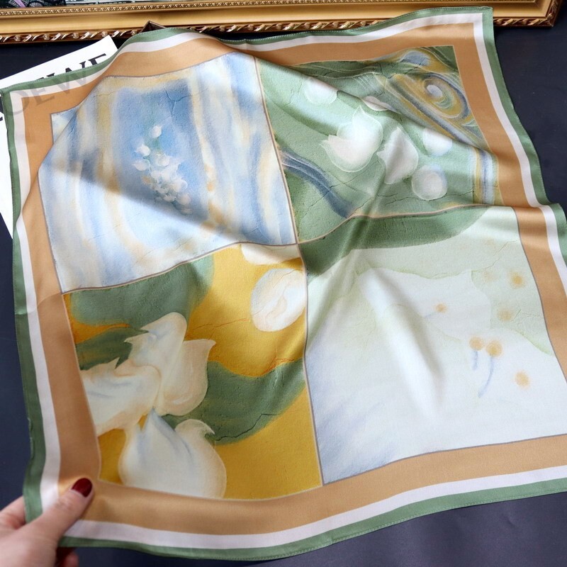 100% Pure Silk Scarf Beige Floral Print Women's Bandana Wrap 68x68
