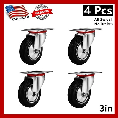 4 Pack 3'' Swivel Caster Wheels Rubber Base With Top Plate & Bearing Heavy Duty