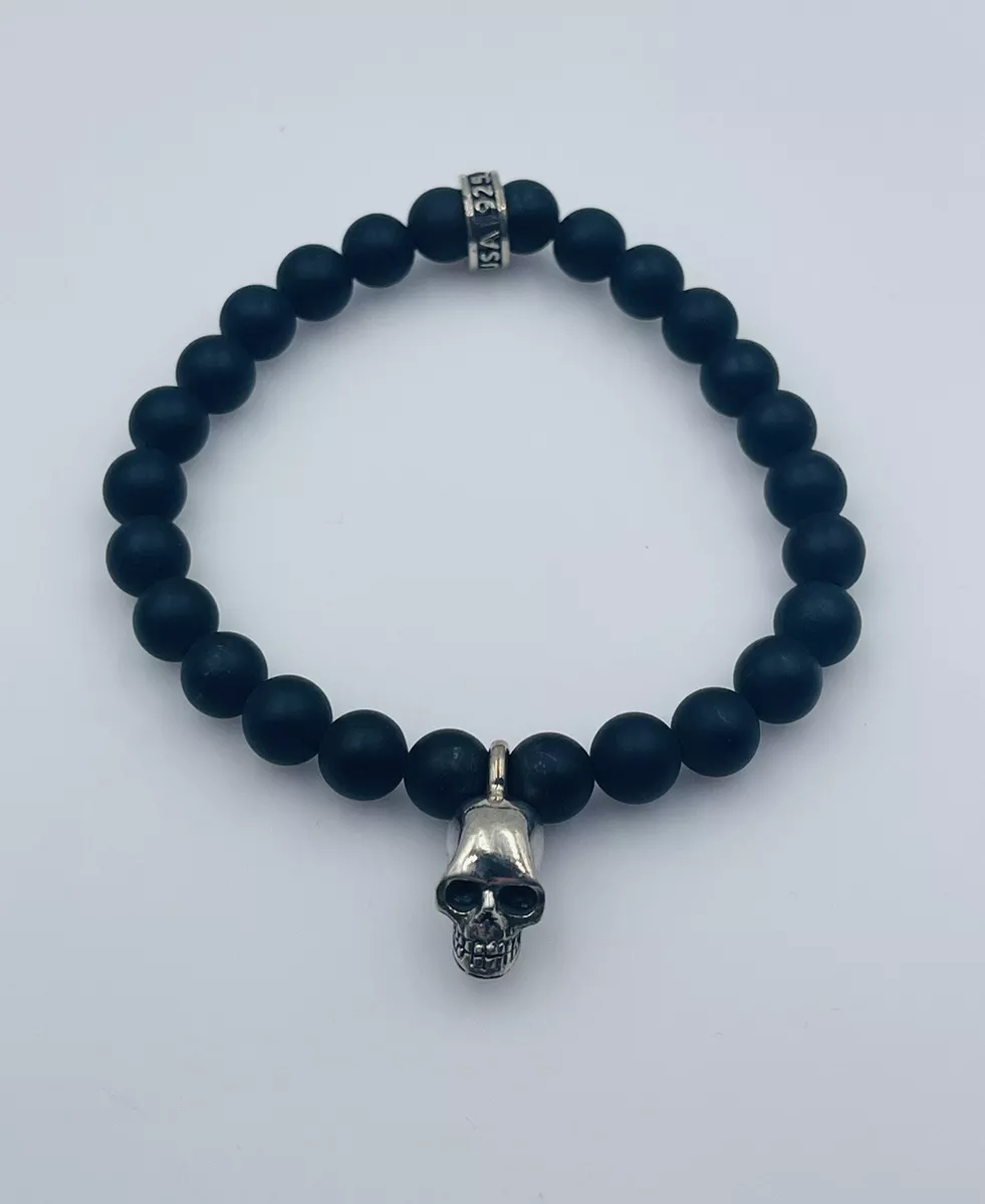 King Baby Sterling Silver Black Lava Ball Beaded Skull Bracelet