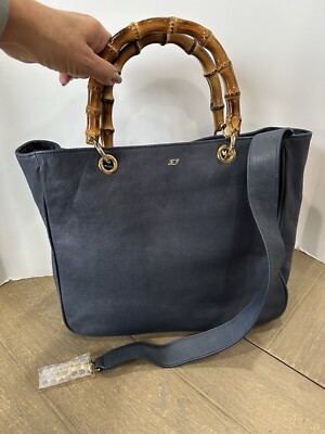 Mark & Graham Elisabetta Blue Handbag Bag Purse Bamboo Handles MONO JEF