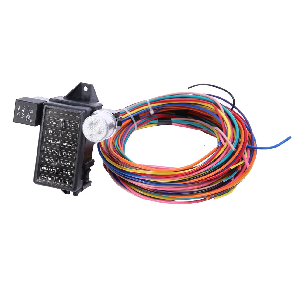 Arnés de cables universal de 14 circuitos 14 fusibles 12 V calle rata caliente cableado de varilla muscular Foto 4 de 4