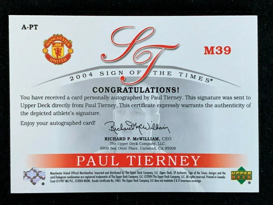 2004 Upper Deck Manchester United - #A-PT Paul Tierney Autographed Card!!! - image 3 of 3