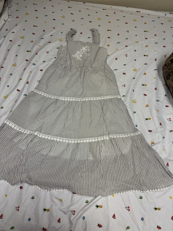 Gray White Striped Cotton Midi Dress Sleeveless Embroidered Lace Trim