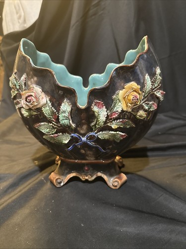 Max Krause Silesia Majolica Ruffled Loved Vase Raised Rose 9x9 In - Picture 21 of 21