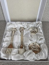 Baby Keepsake Silverplated Gift Set Spoon Fork Trinket Box Baby's Firsts