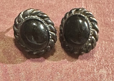 Vintage Black Onyx Cabochon Oval Sterling Silver .925 Pierced Earrings .75''