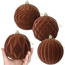4 Pcs 4 Inch Brown Large Velvet Christmas Ball Ornaments Vintage Christmas Pl...
