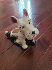Planter Scottie dog ceramic in white w floral design. Vintage w bell collar.
