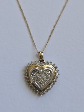 10K Yellow White Gold Pave Diamond Heart Pendant Necklace-18"
