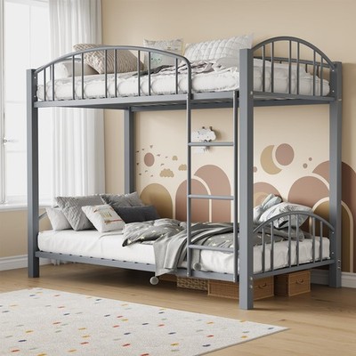Metal Bunk Bed Twin Over Twin ,Sturdy Bunk Bed Frame w/ Guardrail ,Space Saving
