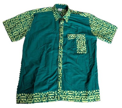 Marvelous Batik Mens XL Shirt Emerald Green Yellow Short Sleeve Pockets Cotton