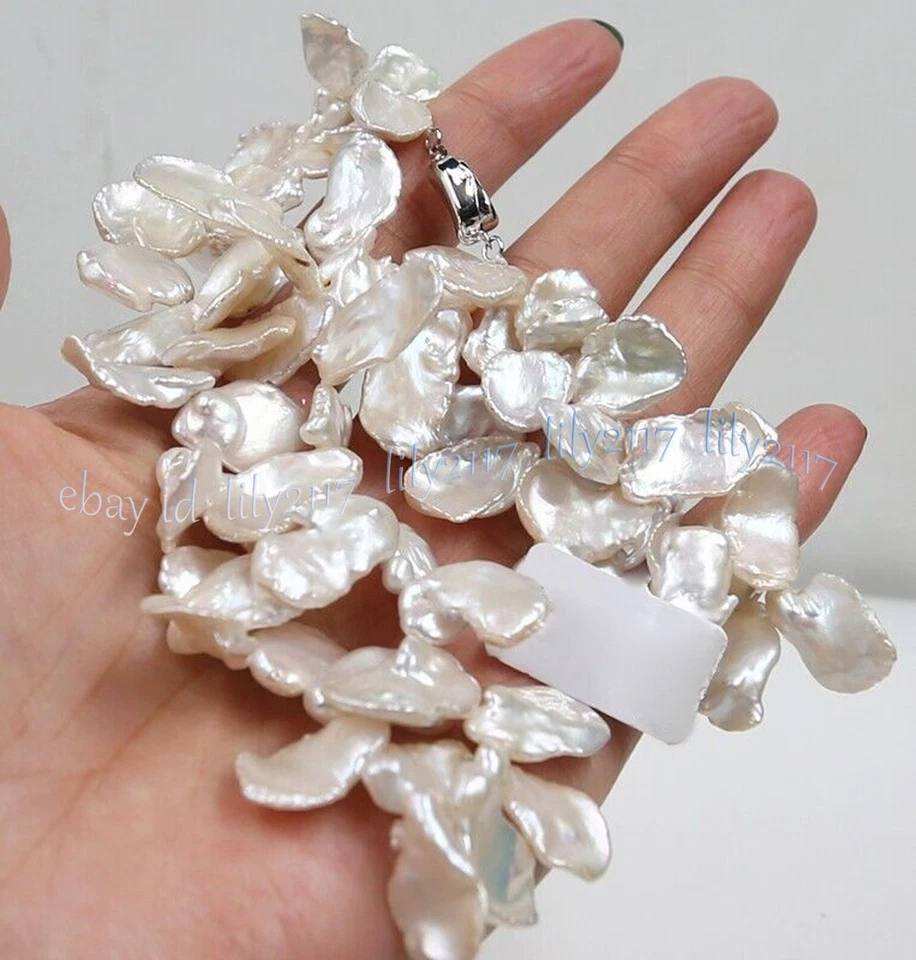 Редкий 15-20 мм реальный натуральный блеск белый плоский монета барокко жемчуг ожерелье 18 дюймов - Изображение 4 из 4