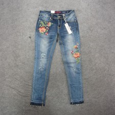 Grace In LA Skinny Jeans Womens 26 Blue Medium Wash Floral Embroidered
