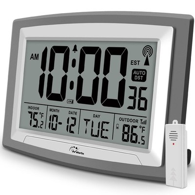 WallarGe Atomic Clock with Outdoor and Indoor Temperature - 12.5 INCH, Gray 
