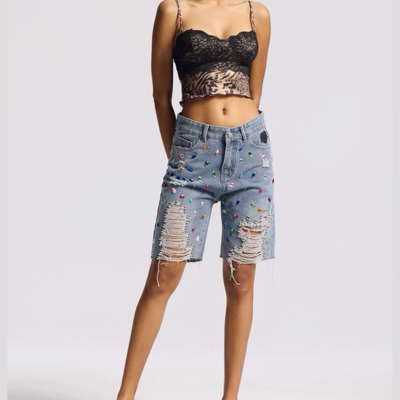 Women Colorful Diamond-Encrusted Denim Shorts Size M Blue Ripped Studded Fringe