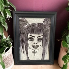 Original Painting Gothic Alt Girl Pigtails Piercings Ooak Framed Drawing Art