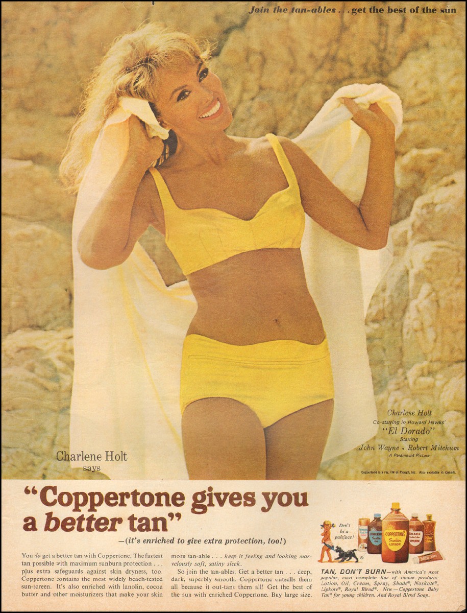 1960's Vintage ad for Coppertone`sexy model Charlene Holt Yellow