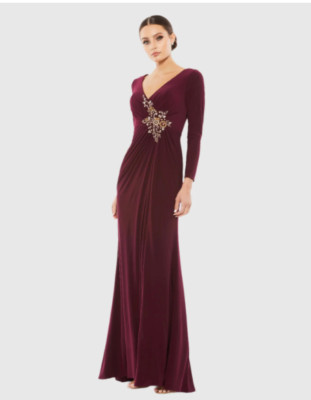 MAC DUGGAL 67848 FAUX WRAP LONG SLEEVE W APPLIQUE DETAIL BERRY GOWN sz 10