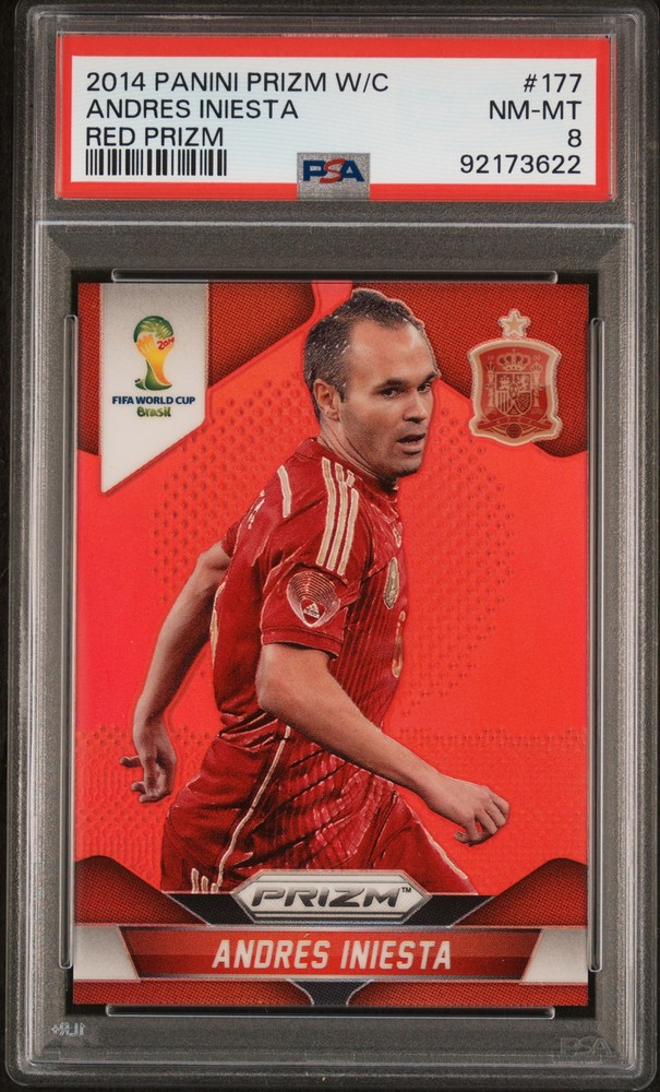 2014 PANINI PRIZM WORLD CUP RED PRIZM #177 ANDRES INIESTA 108/149 PSA 8