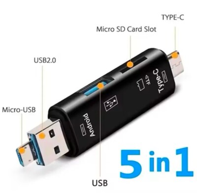Card Reader iPhone Android Back Up OTG Adapter Micro SD Type C Micro USB (Black
