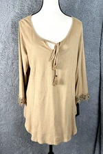 Signature Studio Shirt Women XLarge Tan Faux Suede Lace Trim Cowgirlcore Western