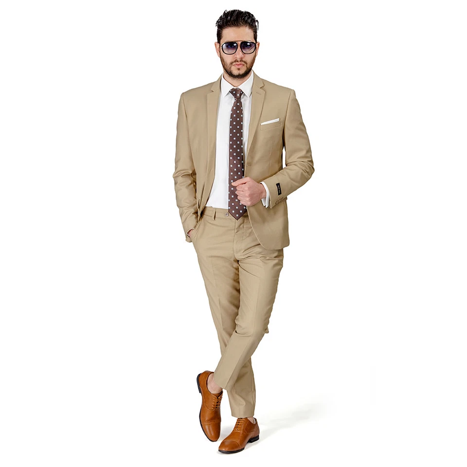 Tan Beige Slim Fit Men Suit 2 Button Notch Lapel Azar Man Vest Optional 4030-10 - Image 3 of 4
