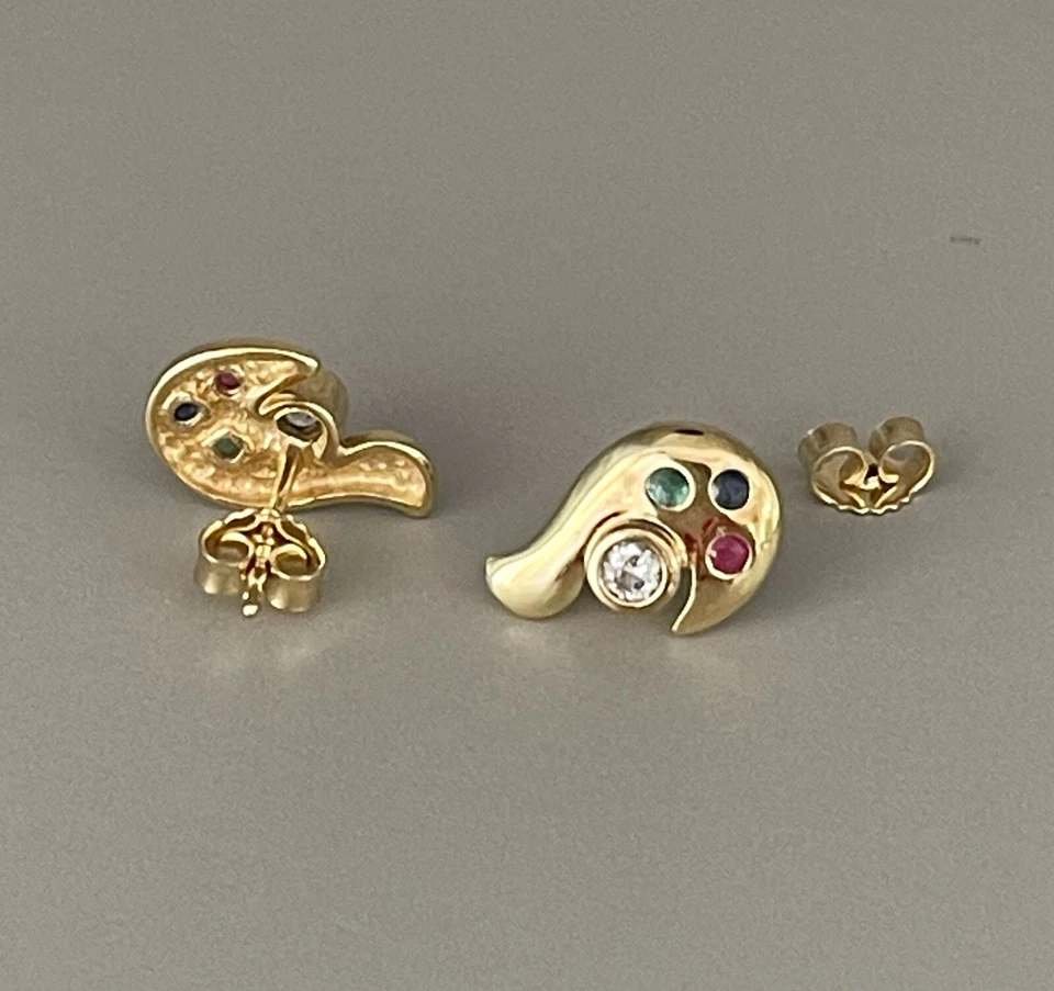 OHRSTECKER   MIT  RUBIN SMARAGD SAPHIR & ZIRKONIA  Aus 333er Gelbgold - Bild 3 von 4