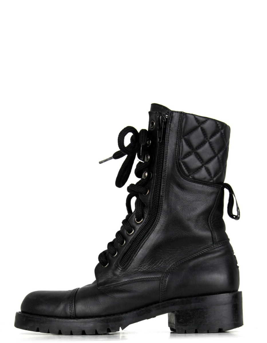 Authentic Chanel Vintage 1990s Black Leather CC Combat Boots sz 36