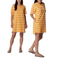 NWT WOMEN COLUMBIA Sun Trek™M Tee Dress Mango Sunrise Stripe LARGE