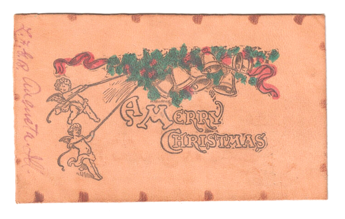 Linda cuerda querubines 1906 campanas de bayas de acebo feliz Navidad cuero postal ángel - Imagen 2 de 3