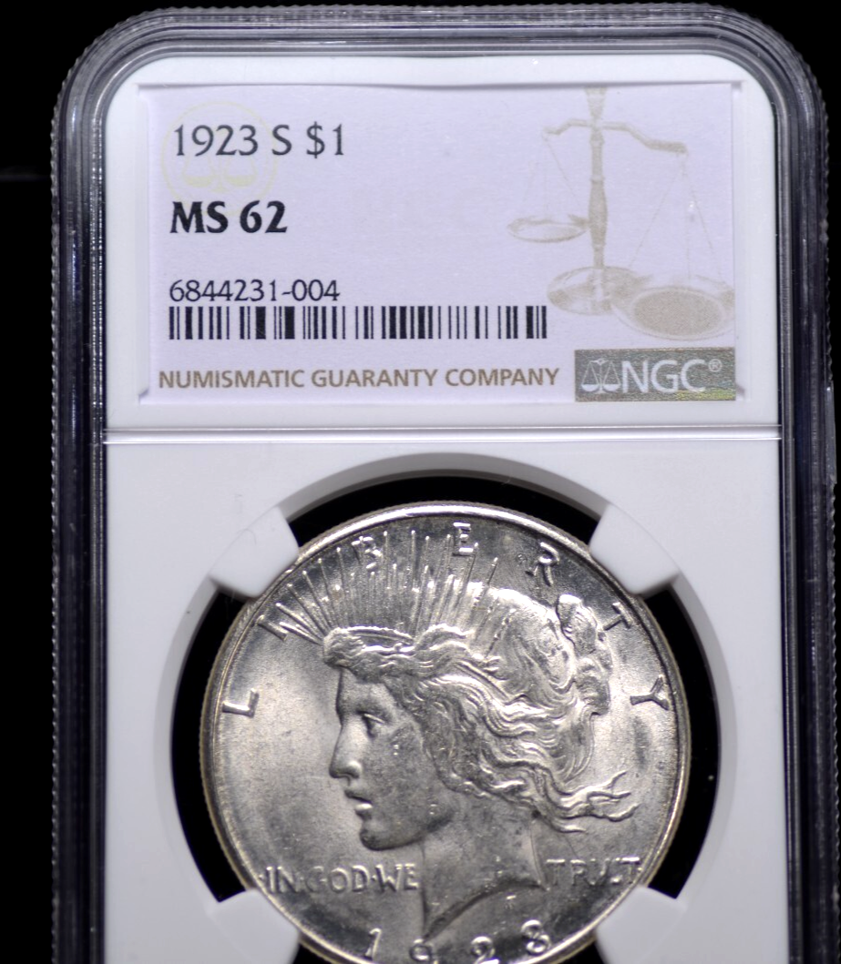 1923 S PEACE DOLLAR NGC MS 62 ORIGINAL, FROSTY, SLIGHTLY GREYING