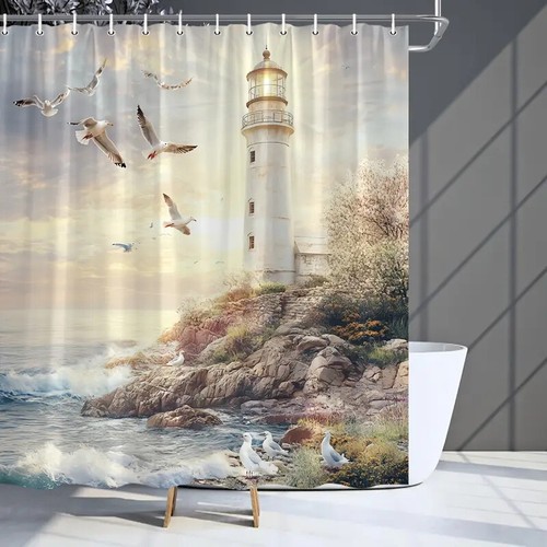 Leuchtturm Seevogel Landschaft Duschvorhang Badezimmer Polyesterfaser - Bild 6 von 14