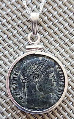 First Christian Roman Emperor Constantine the Great Coin Solid Silver Necklace 