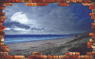  Sandstrand Mond Ozean Nacht 3D Wandsticker Poster Aufkleber Wandbilder Zimmer Kunst Z140
