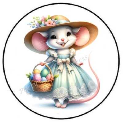 CUTE EASTER MOUSE IN DRESS WITH HAT ENVELOPE SEALS LABELS STICKERS PARTY FAVORS