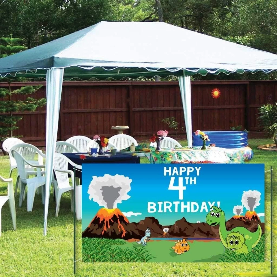 Banner de cumpleaños de dinosaurio personalizado, 4x8 pies, vinilo impermeable, ojales incluidos Foto 2 de 4