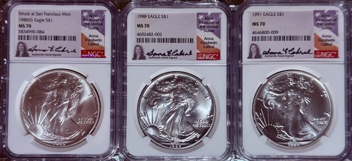 1986-S/1988-S/1991-S/ American Silver Eagle MINT-STATE-TRIFECTA! NGC-MS70/CABRAL