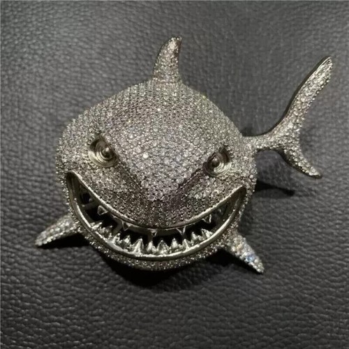 Lab-Created Diamond Men's Shark Charm Pendant 2.77Ct Round 14k White Gold Plated - Picture 2 of 4