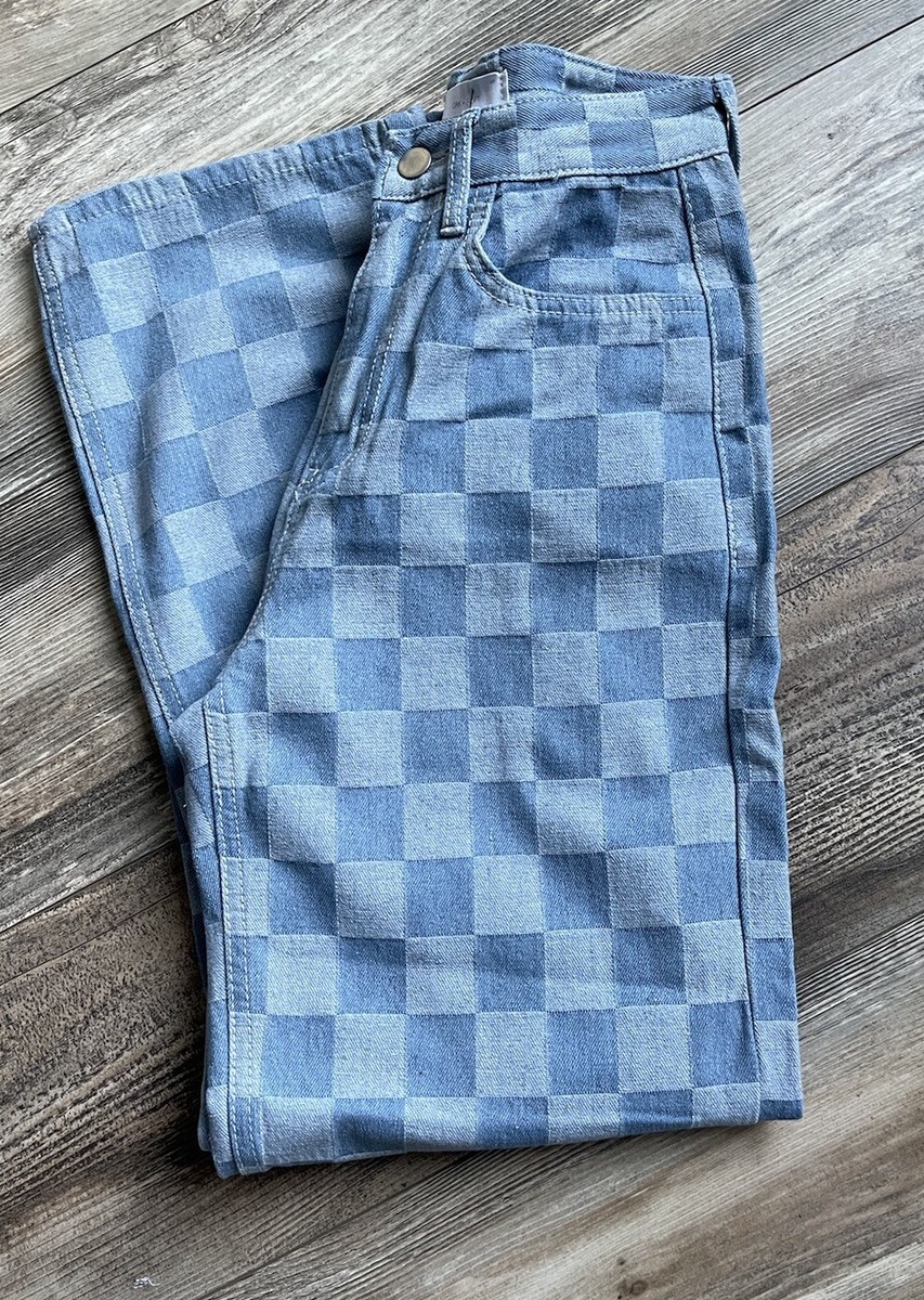 Oak + Fork Checkered Blue Denim High Waist Wide Leg Mom Jean Oak + Fork Checkered Blue Denim High Waist Wide Leg Mom Jean