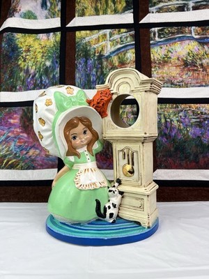 Vintage Byron Molds 1974 Ceramic Girl In Bonnet With Cat and Clock Statue 11 