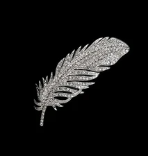 Superb Large 14K White Gold Over Feather Brooch Pin with Diamond Unisex Adults