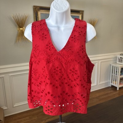 OVS Red Sleeveless - V Neck - 100% Cotton With Fabric Woven Holes