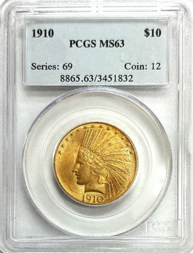 1910 GOLD USA $10 DOLLAR INDIAN HEAD COIN PCGS MINT STATE 63